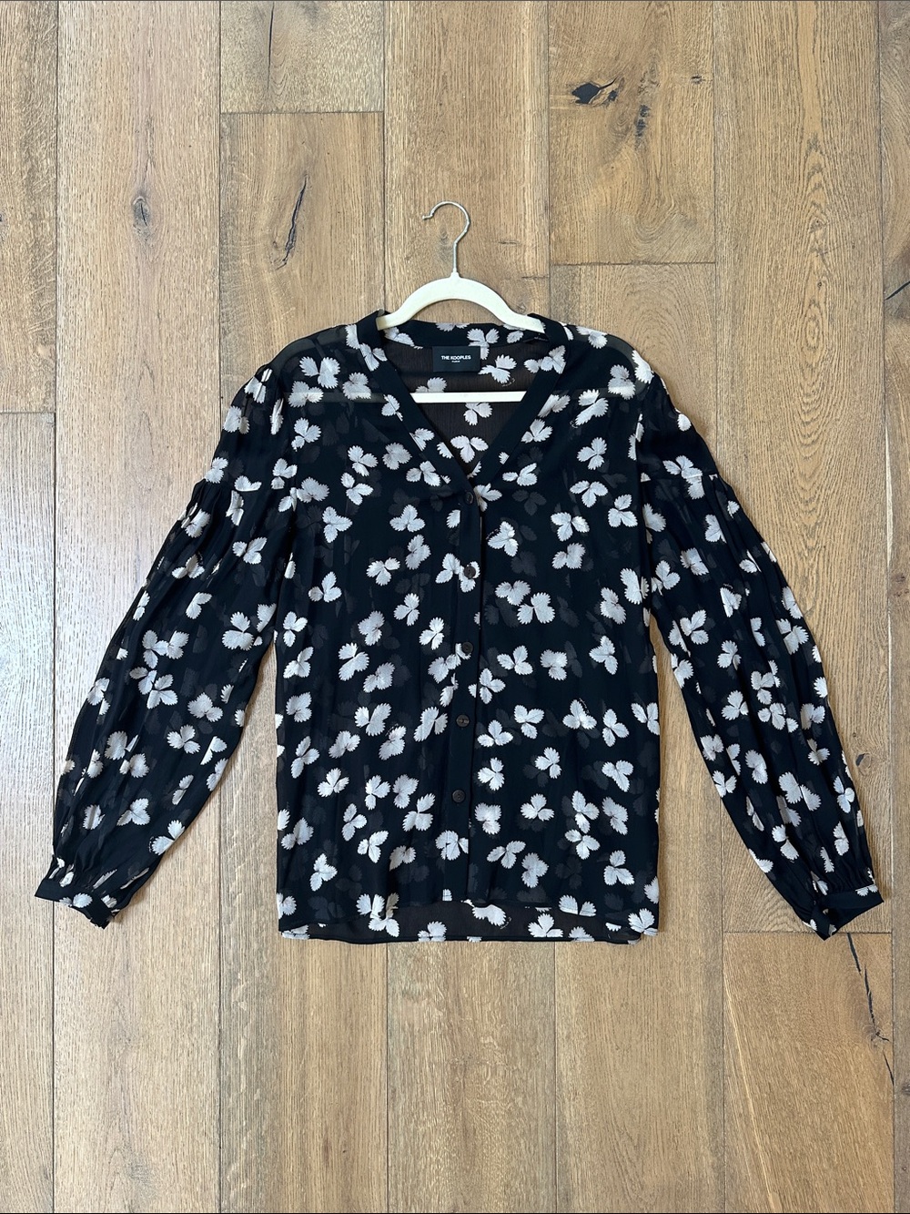 The Kooples Sheer Black Floral Button Blouse with Baloon Sleeves - M/2